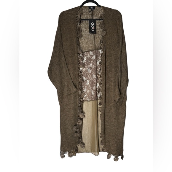 Gigio Sweaters - Gigio USA Women’s Medium Open Front Duster Cardigan Boho Crochet Lace Brown NWT